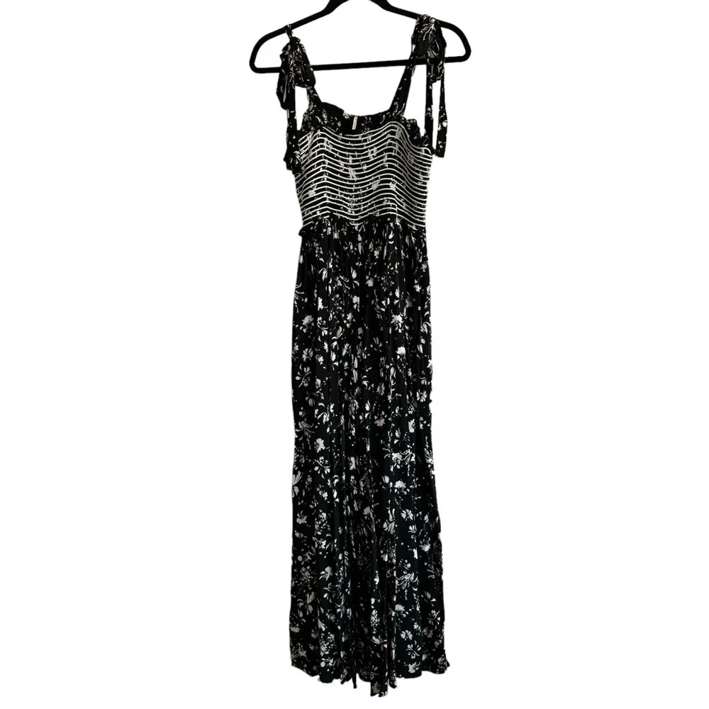 Free People Black and White Floral Striped Shirred Jumpsuit
